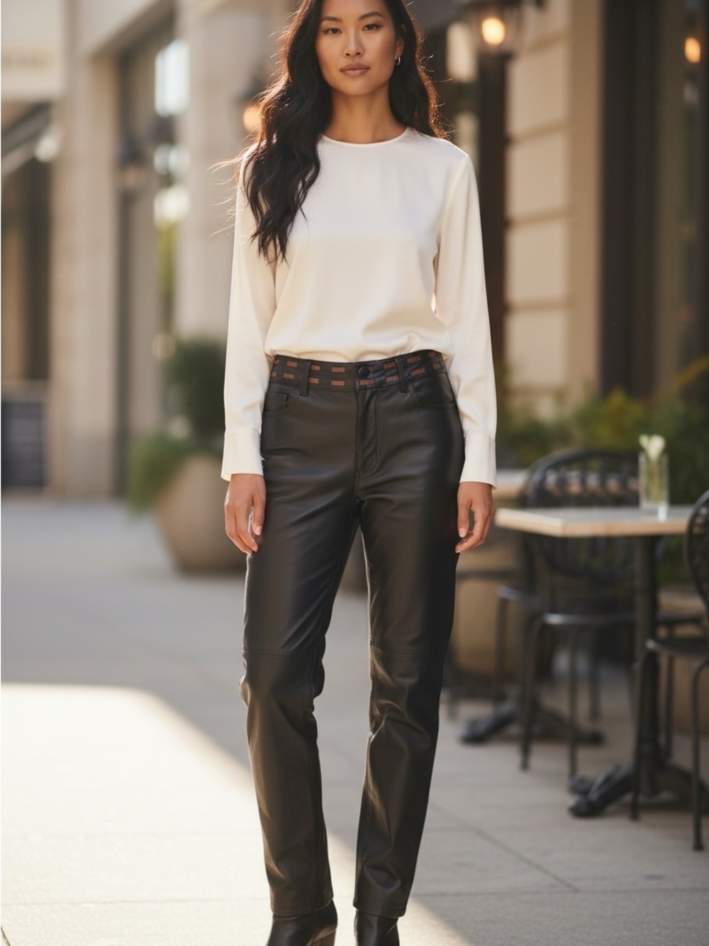 Cache Women’s Vintage Black Leather Pants with Brown Waist Detail size 6